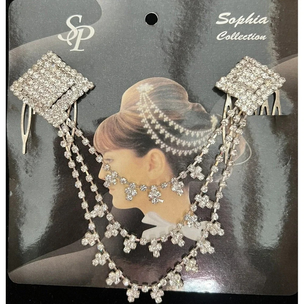 Wedding Bridal Crystal Hair Combs Side Do Silver Rhinestone Linked Comb Set NOS